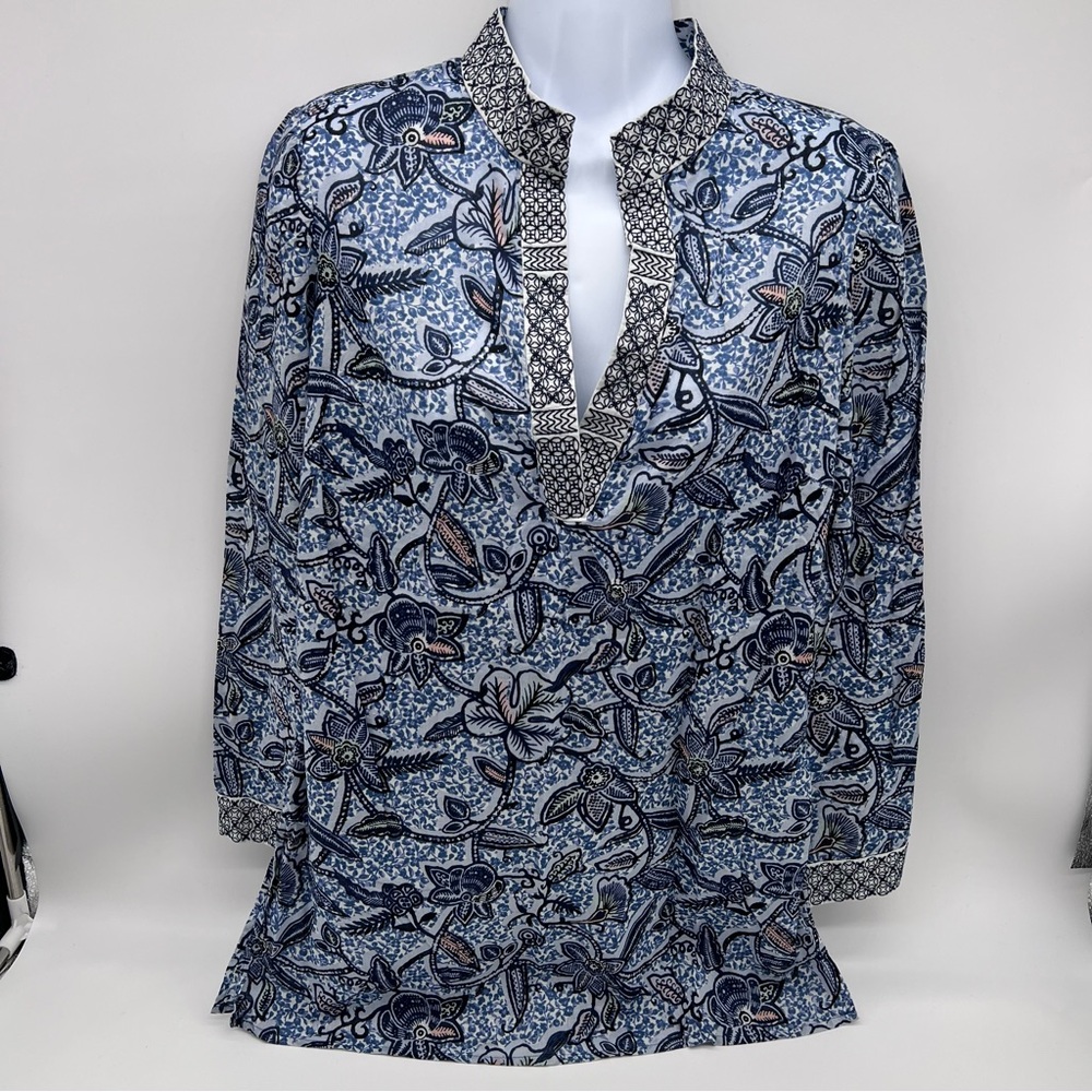 Tory Burch Blue Floral Print 100% Cotton Tunic Style Blouse- Size 6